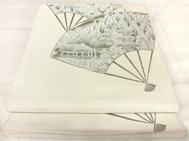 平和屋着物◎綴れ　太鼓柄袋帯　扇面風景文　プラチナ箔　正絹　逸品　AABK0626yx