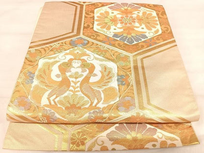 平和屋着物◎六通柄袋帯　双鳥花文　金糸　正絹　逸品　AABK0627yx