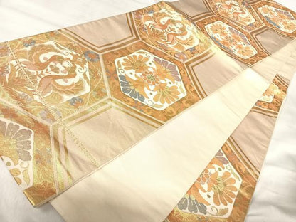 平和屋着物◎六通柄袋帯　双鳥花文　金糸　正絹　逸品　AABK0627yx