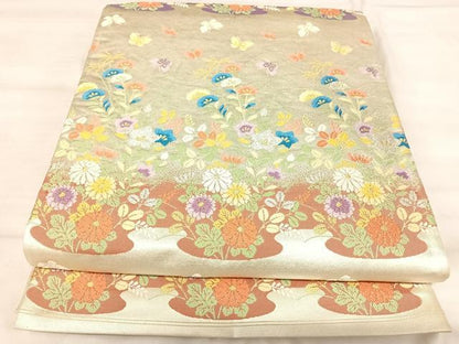 平和屋着物◎六通柄袋帯　唐織　花蝶文　金銀糸　正絹　逸品　AABK0628yx