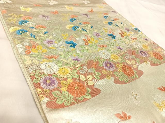 平和屋着物◎六通柄袋帯　唐織　花蝶文　金銀糸　正絹　逸品　AABK0628yx