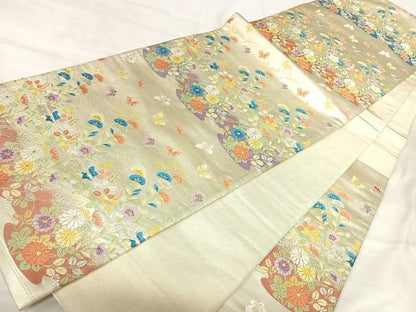 平和屋着物◎六通柄袋帯　唐織　花蝶文　金銀糸　正絹　逸品　AABK0628yx