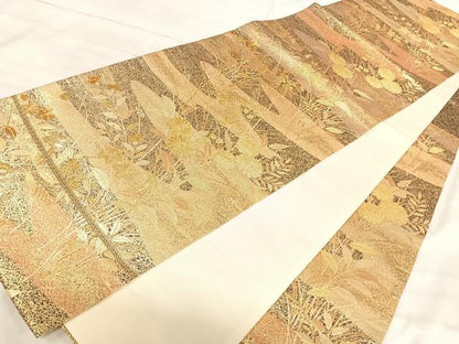 平和屋着物◎六通柄袋帯　草花文　金糸　正絹　逸品　AABK0635yx