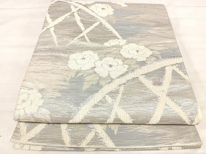 平和屋着物◎六通柄袋帯　籬草花文　銀糸　正絹　逸品　AABK0636yx