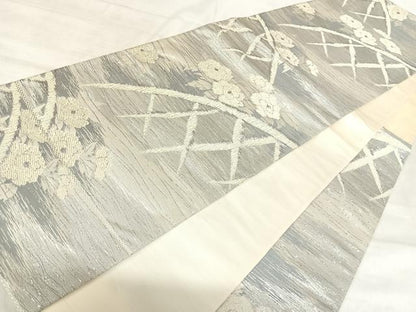 平和屋着物◎六通柄袋帯　籬草花文　銀糸　正絹　逸品　AABK0636yx