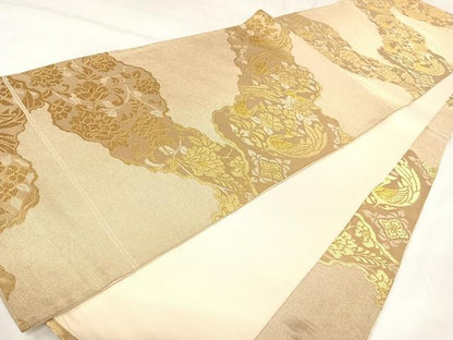 平和屋着物◎六通柄袋帯　双鳥花文　金糸　正絹　逸品　AABK0638yx