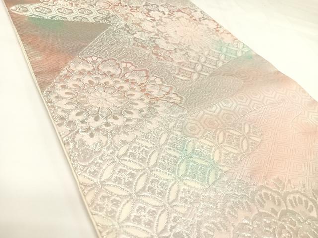 平和屋着物◎六通柄袋帯　正倉院花文　銀糸　正絹　逸品　AABK0641yx