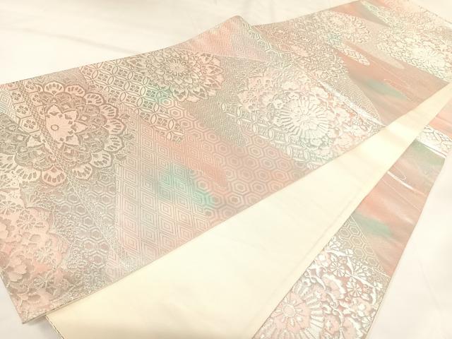 平和屋着物◎六通柄袋帯　正倉院花文　銀糸　正絹　逸品　AABK0641yx