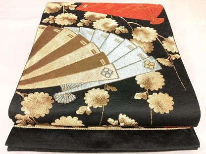平和屋着物◎六通柄京袋帯　唐織　檜扇文　黒地　金銀糸　正絹　逸品　AABK0642yx
