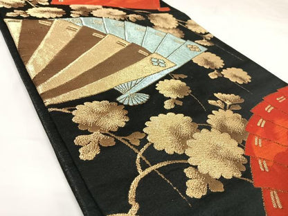 平和屋着物◎六通柄京袋帯　唐織　檜扇文　黒地　金銀糸　正絹　逸品　AABK0642yx