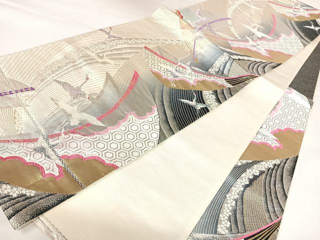 平和屋着物◎六通柄袋帯　唐織　飛鶴文　金銀糸　正絹　逸品　AABK0643yx