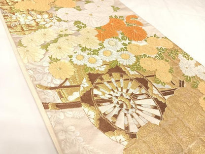 平和屋着物◎六通柄袋帯　唐織　草花文　金糸　正絹　逸品　AABK0645yx