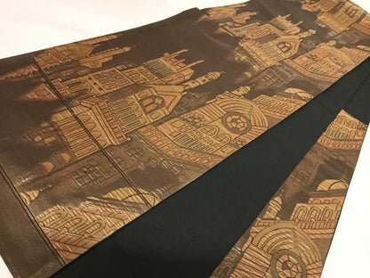 平和屋着物◎六通柄袋帯　風景文　金糸　正絹　逸品　AABK0652yx