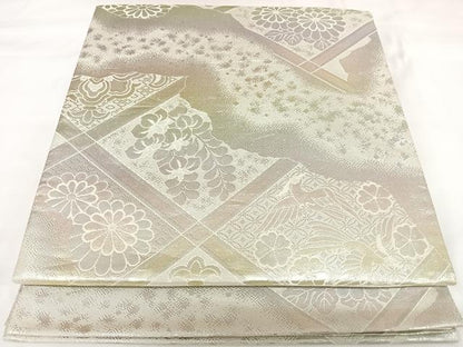 平和屋着物◎全通柄袋帯　格子花文　金銀糸　正絹　逸品　AABK0654yx