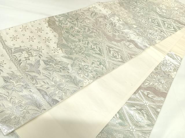 平和屋着物◎六通柄袋帯　煌きのオパール　鳳凰花唐草文　銀糸　正絹　逸品　AABK0656yx