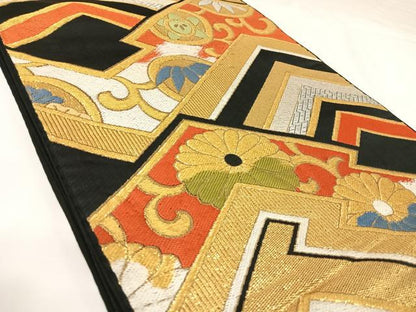 平和屋着物◎六通柄袋帯　唐織　花唐草文　黒地　金銀糸　正絹　逸品　AABK0657yx
