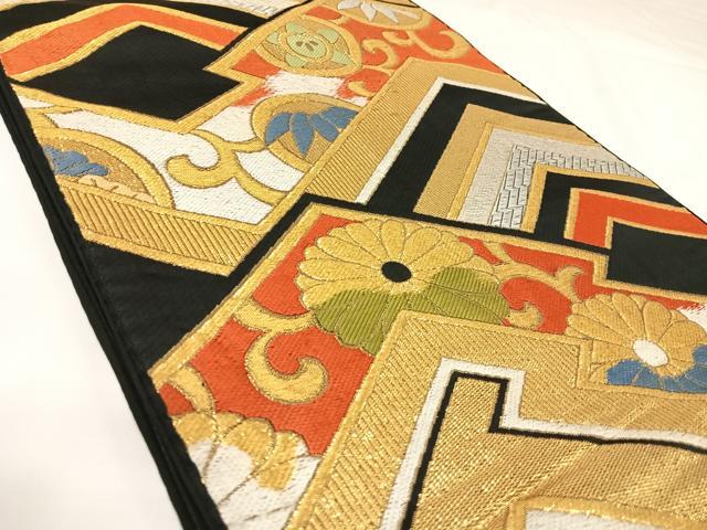 平和屋着物◎六通柄袋帯　唐織　花唐草文　黒地　金銀糸　正絹　逸品　AABK0657yx