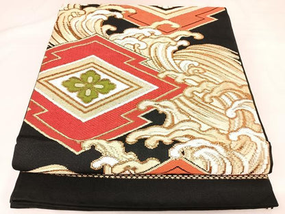 平和屋着物◎六通柄京袋帯　唐織　立波松皮菱花文　黒地　金糸　正絹　逸品　AABK0668yx