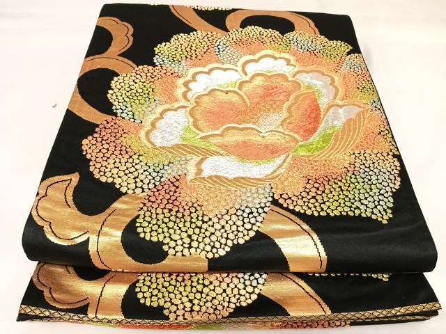 平和屋着物◎六通柄　本袋帯　花唐草文　黒地　金銀糸　正絹　逸品　AABK0669yx