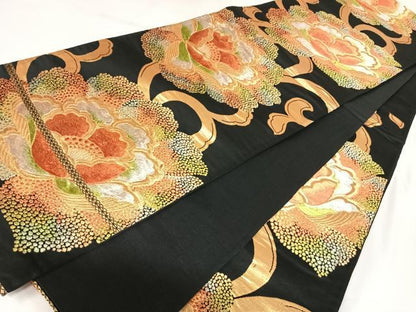 平和屋着物◎六通柄　本袋帯　花唐草文　黒地　金銀糸　正絹　逸品　AABK0669yx