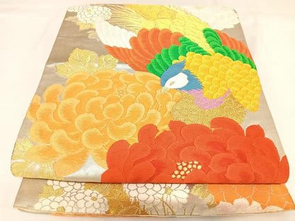 平和屋着物◎六通柄袋帯　唐織　孔雀花文　金銀糸　正絹　逸品　AABK0674yx