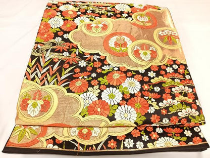 平和屋着物◎六通柄袋帯　唐織　花蝶丸文　金糸　正絹　逸品　AABK0682yx