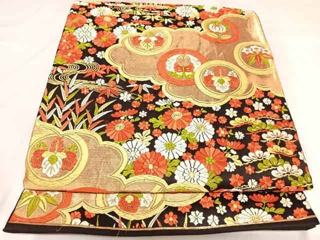 平和屋着物◎六通柄袋帯　唐織　花蝶丸文　金糸　正絹　逸品　AABK0682yx