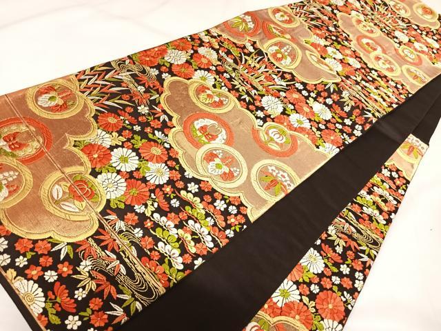 平和屋着物◎六通柄袋帯　唐織　花蝶丸文　金糸　正絹　逸品　AABK0682yx