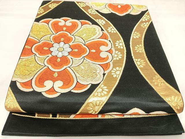 平和屋着物◎六通柄袋帯　唐織　立涌花文　黒地　金銀糸　正絹　逸品　AABK0683yx