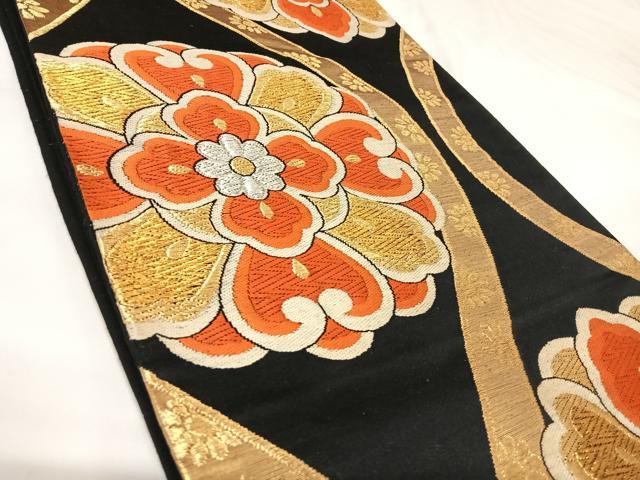 平和屋着物◎六通柄袋帯　唐織　立涌花文　黒地　金銀糸　正絹　逸品　AABK0683yx