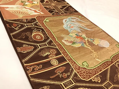 平和屋着物◎六通柄袋帯　唐織　扇面に酉　金糸　正絹　逸品　AABK0686yx