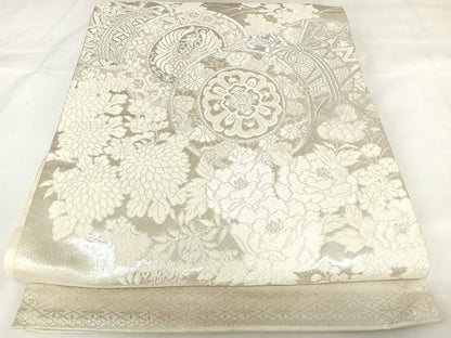 平和屋着物◎六通柄袋帯　唐織　美保姿　花鼓文　銀糸　正絹　逸品　AABK0688yx