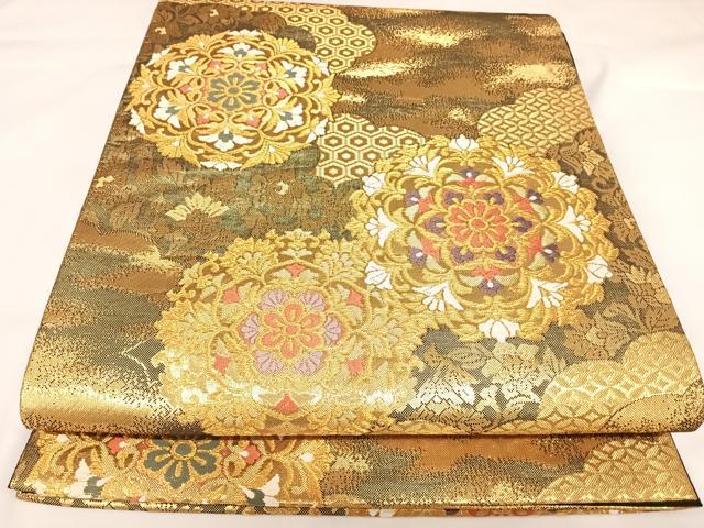 平和屋着物◎六通柄袋帯　正倉院花文　金糸　正絹　逸品　AABK0691yx