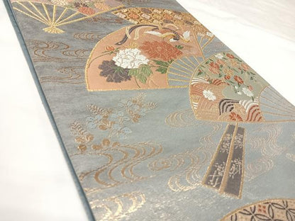 平和屋着物◎六通柄袋帯　唐織織成　扇面鳳凰花文　金糸　正絹　逸品　AABK0692yx