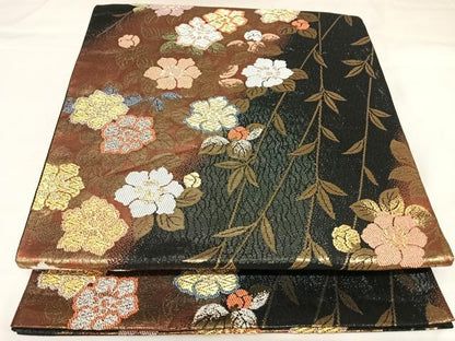 平和屋着物◎六通柄袋帯　草花文　黒地　金銀糸　正絹　逸品　AABK0693yx