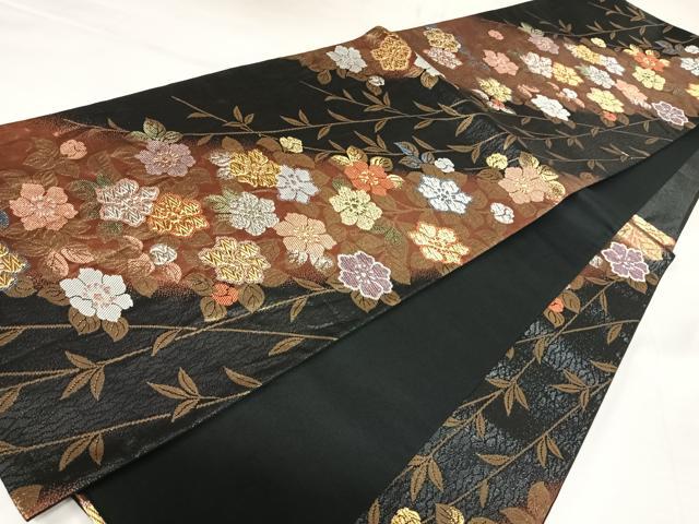 平和屋着物◎六通柄袋帯　草花文　黒地　金銀糸　正絹　逸品　AABK0693yx