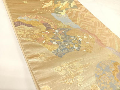 平和屋着物◎六通柄袋帯　唐織　地紙飛鶴文　金糸　正絹　逸品　AABK0701yx