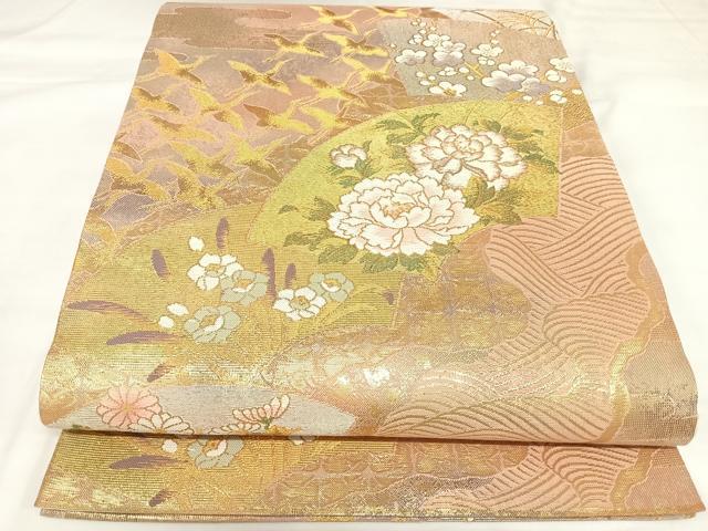 平和屋着物◎六通柄袋帯　唐織　地紙飛鶴花文　金糸　正絹　逸品　AABK0704yx
