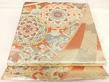 平和屋着物◎佐賀錦　六通柄袋帯　正倉院花文　金銀糸　正絹　逸品　AABK0705yx