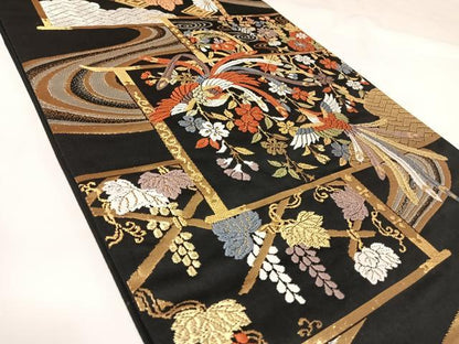 平和屋着物◎六通柄袋帯　唐織　鳳凰花文　黒地　金銀糸　正絹　逸品　AABK0709yx