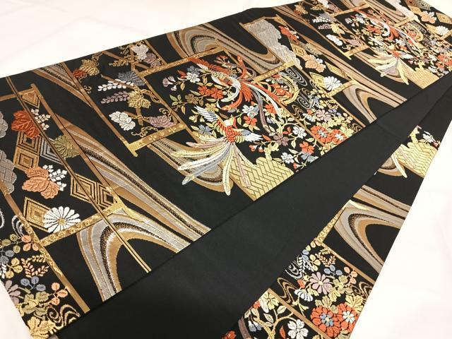 平和屋着物◎六通柄袋帯　唐織　鳳凰花文　黒地　金銀糸　正絹　逸品　AABK0709yx