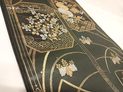 平和屋着物◎六通柄袋帯　格天蒔絵文　金銀糸　正絹　逸品　AABK0711yx