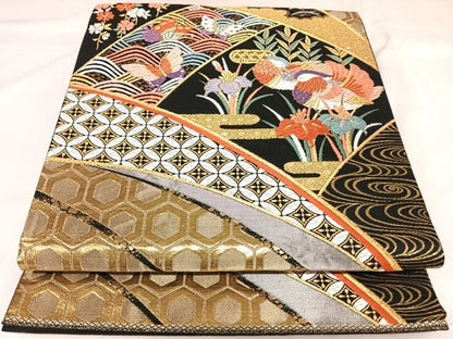 平和屋着物◎六通柄袋帯　唐織　鴛鴦花蝶文　黒地　金銀糸　正絹　逸品　AABK0713yx