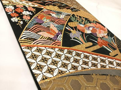 平和屋着物◎六通柄袋帯　唐織　鴛鴦花蝶文　黒地　金銀糸　正絹　逸品　AABK0713yx