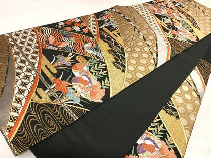 平和屋着物◎六通柄袋帯　唐織　鴛鴦花蝶文　黒地　金銀糸　正絹　逸品　AABK0713yx
