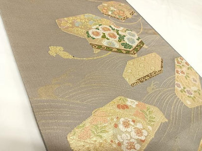 平和屋着物◎六通柄袋帯　唐織　花文箱文　金糸　正絹　逸品　AABK0718yx