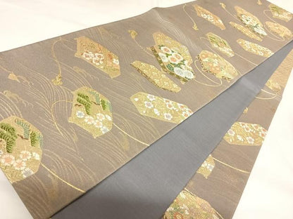 平和屋着物◎六通柄袋帯　唐織　花文箱文　金糸　正絹　逸品　AABK0718yx