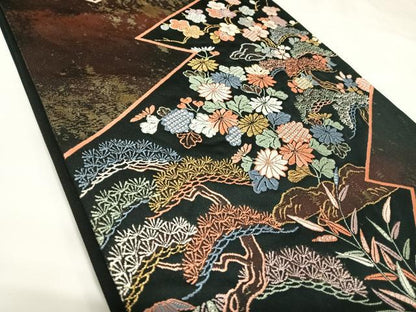 平和屋着物◎六通柄袋帯　唐織　慶祥延寿園文　黒地　金糸　引箔　正絹　逸品　AABK0720yx