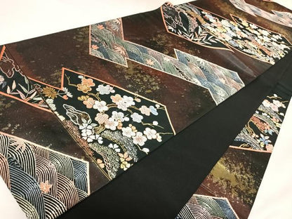 平和屋着物◎六通柄袋帯　唐織　慶祥延寿園文　黒地　金糸　引箔　正絹　逸品　AABK0720yx