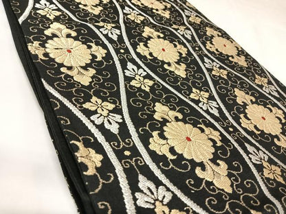 平和屋着物◎六通柄京袋帯　立涌花文　黒地　金銀糸　正絹　逸品　AABK0730yx